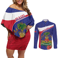 Haiti Couples Matching Off Shoulder Short Dress and Long Sleeve Button Shirt Neg Marron Ayiti Map - Hibiscus Polynesian - Wonder Print Shop