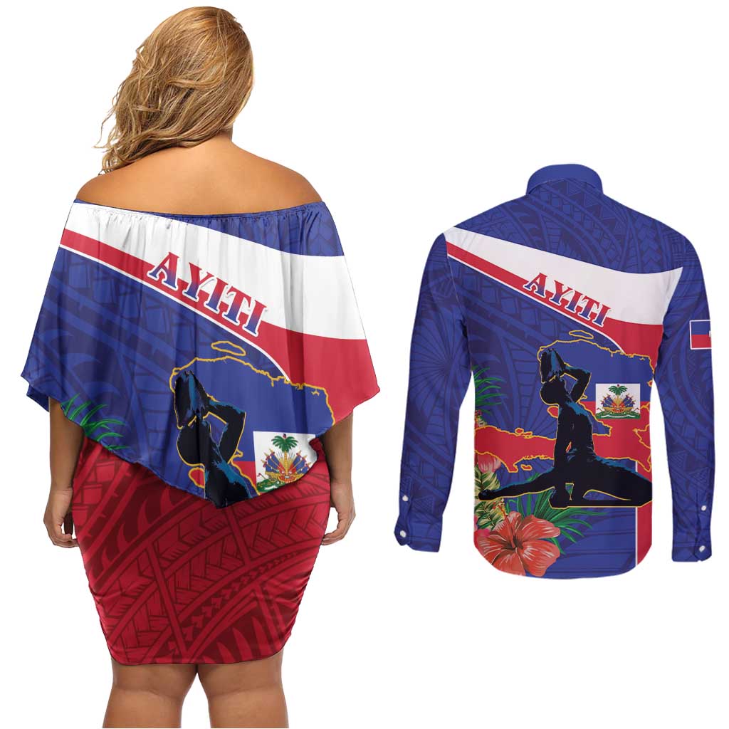 Haiti Couples Matching Off Shoulder Short Dress and Long Sleeve Button Shirt Neg Marron Ayiti Map - Hibiscus Polynesian - Wonder Print Shop