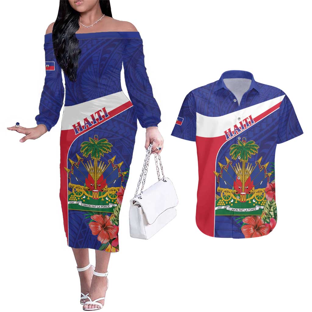 Haiti Couples Matching Off The Shoulder Long Sleeve Dress and Hawaiian Shirt Neg Marron Ayiti Map - Hibiscus Polynesian - Wonder Print Shop