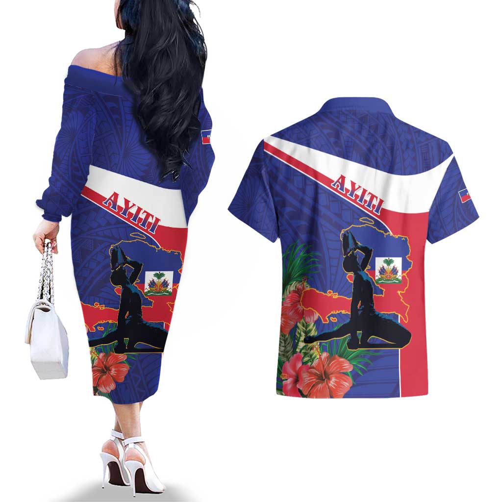 Haiti Couples Matching Off The Shoulder Long Sleeve Dress and Hawaiian Shirt Neg Marron Ayiti Map - Hibiscus Polynesian - Wonder Print Shop