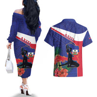 Haiti Couples Matching Off The Shoulder Long Sleeve Dress and Hawaiian Shirt Neg Marron Ayiti Map - Hibiscus Polynesian - Wonder Print Shop