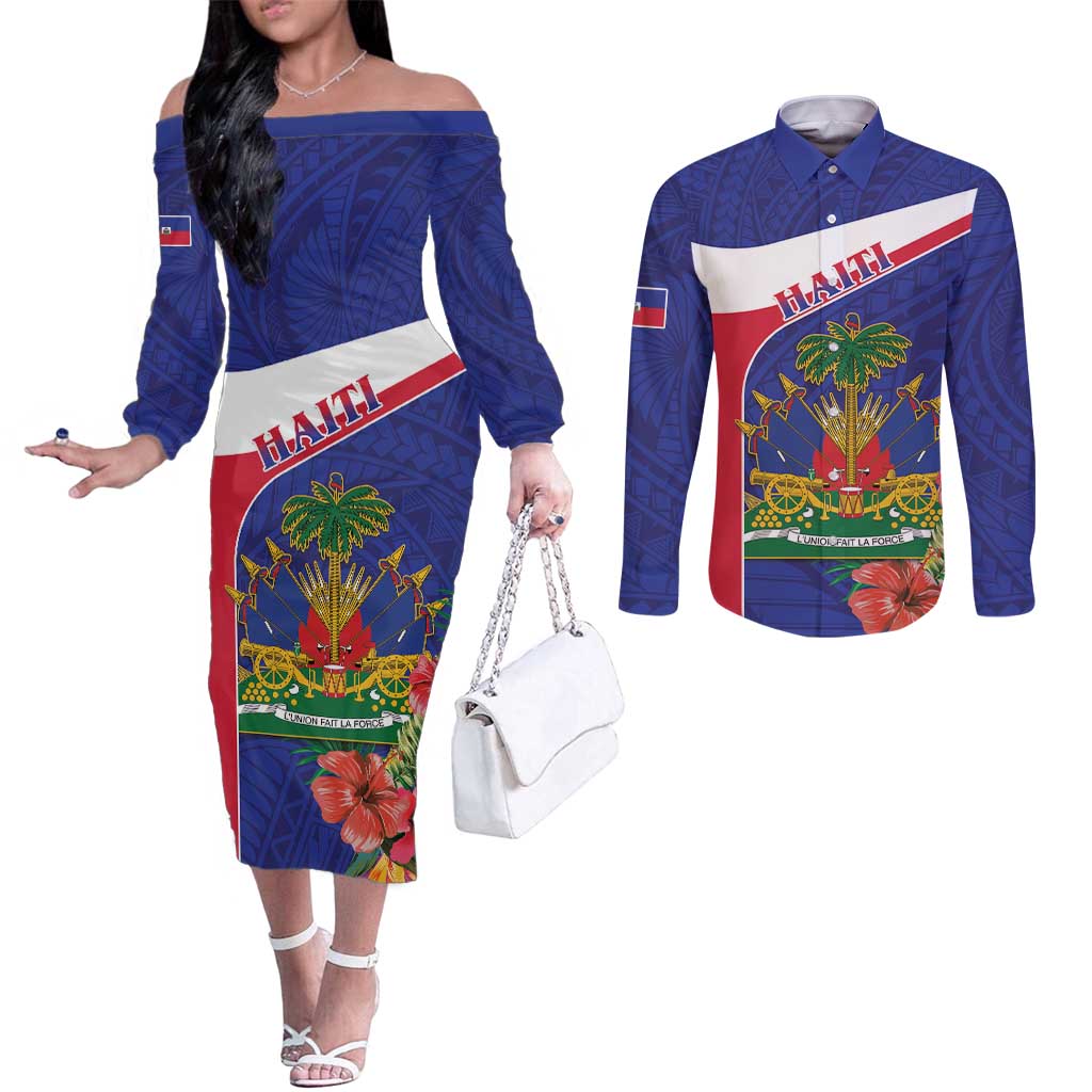 Haiti Couples Matching Off The Shoulder Long Sleeve Dress and Long Sleeve Button Shirt Neg Marron Ayiti Map - Hibiscus Polynesian