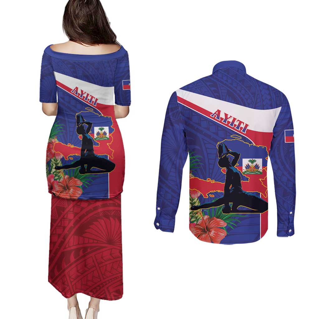 Haiti Couples Matching Puletasi and Long Sleeve Button Shirt Neg Marron Ayiti Map - Hibiscus Polynesian - Wonder Print Shop