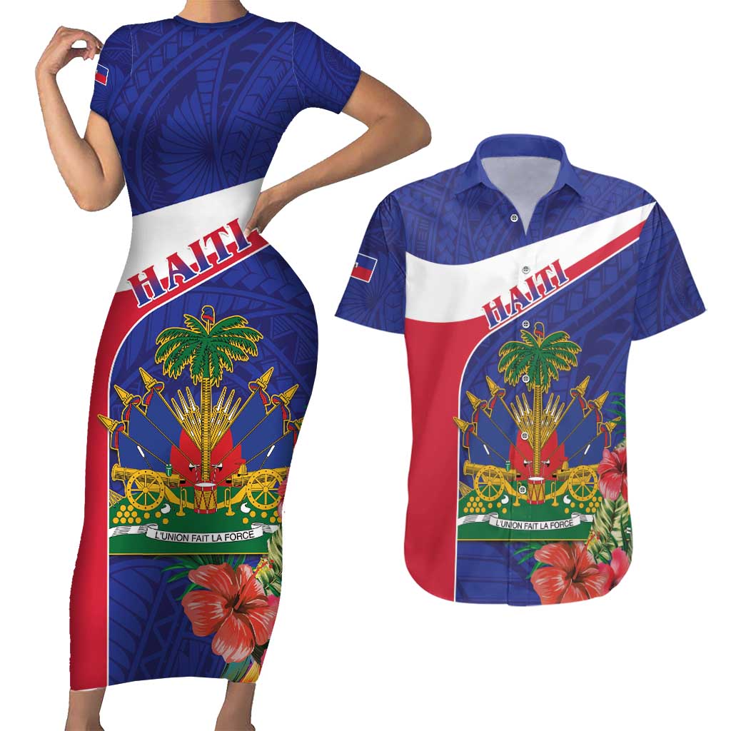 Haiti Couples Matching Short Sleeve Bodycon Dress and Hawaiian Shirt Neg Marron Ayiti Map - Hibiscus Polynesian - Wonder Print Shop