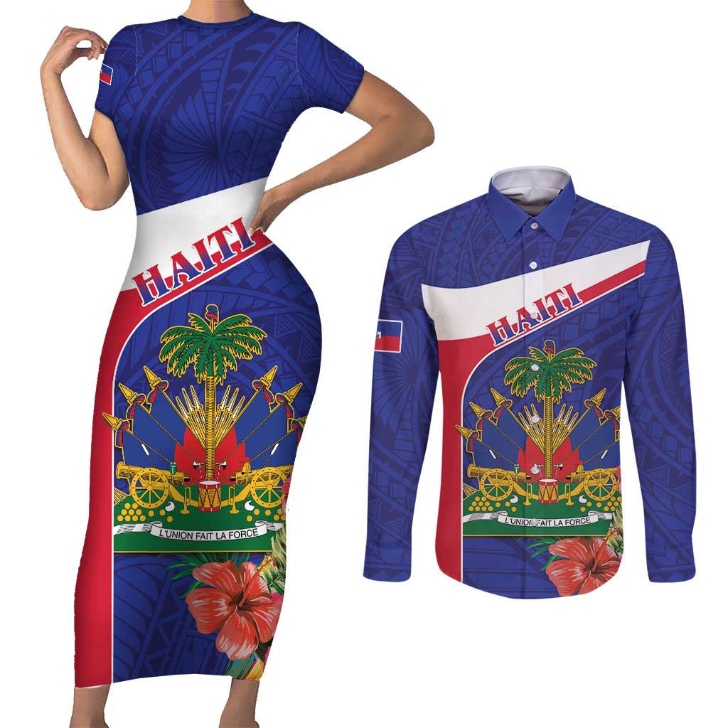 Haiti Couples Matching Short Sleeve Bodycon Dress and Long Sleeve Button Shirt Neg Marron Ayiti Map - Hibiscus Polynesian - Wonder Print Shop