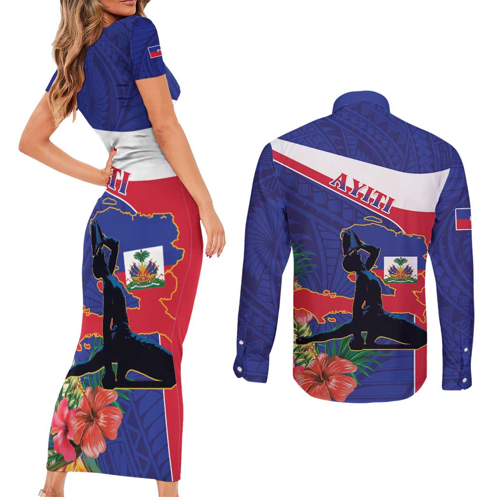 Haiti Couples Matching Short Sleeve Bodycon Dress and Long Sleeve Button Shirt Neg Marron Ayiti Map - Hibiscus Polynesian - Wonder Print Shop