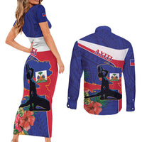 Haiti Couples Matching Short Sleeve Bodycon Dress and Long Sleeve Button Shirt Neg Marron Ayiti Map - Hibiscus Polynesian - Wonder Print Shop