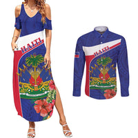 Haiti Couples Matching Summer Maxi Dress and Long Sleeve Button Shirt Neg Marron Ayiti Map - Hibiscus Polynesian - Wonder Print Shop