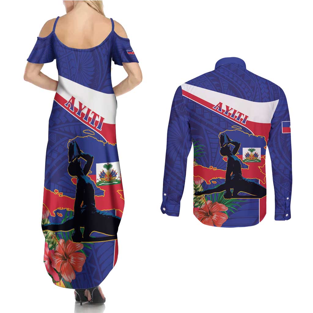 Haiti Couples Matching Summer Maxi Dress and Long Sleeve Button Shirt Neg Marron Ayiti Map - Hibiscus Polynesian - Wonder Print Shop