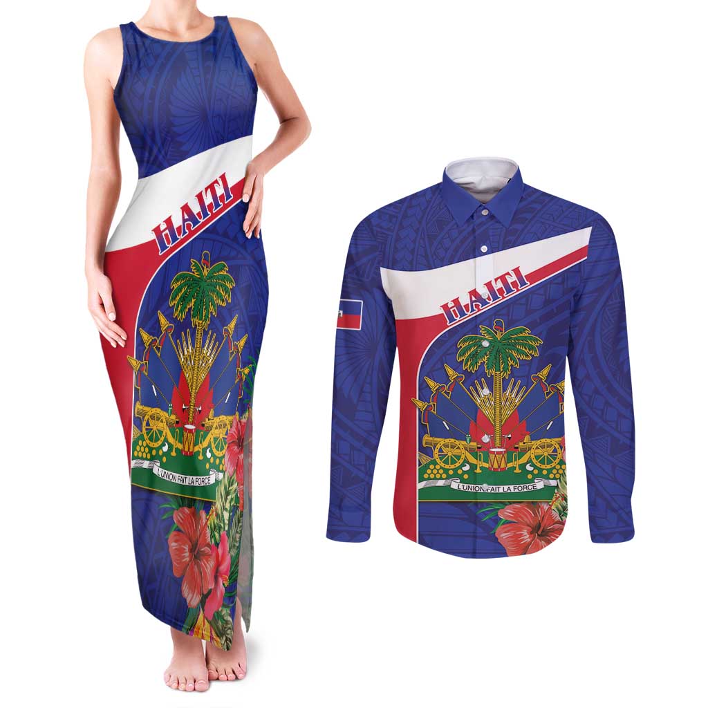 Haiti Couples Matching Tank Maxi Dress and Long Sleeve Button Shirt Neg Marron Ayiti Map - Hibiscus Polynesian - Wonder Print Shop