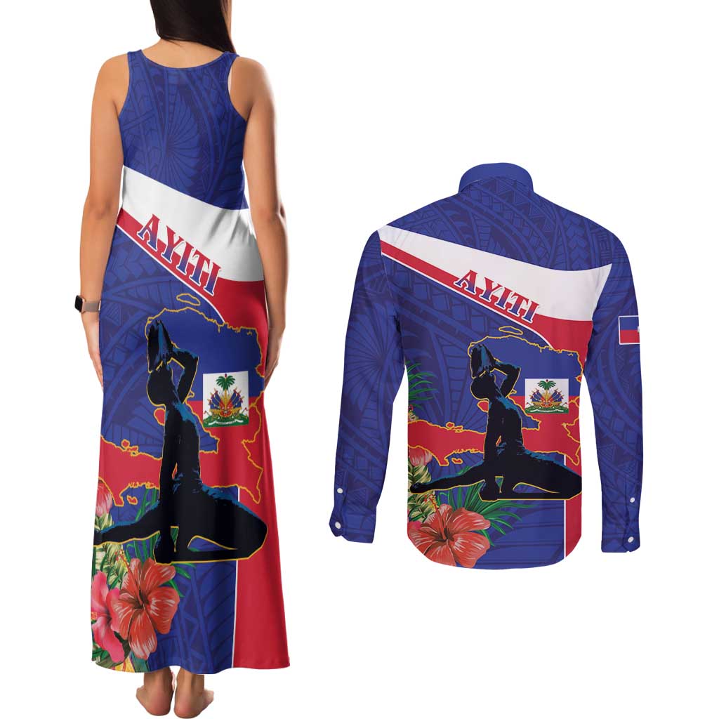 Haiti Couples Matching Tank Maxi Dress and Long Sleeve Button Shirt Neg Marron Ayiti Map - Hibiscus Polynesian - Wonder Print Shop