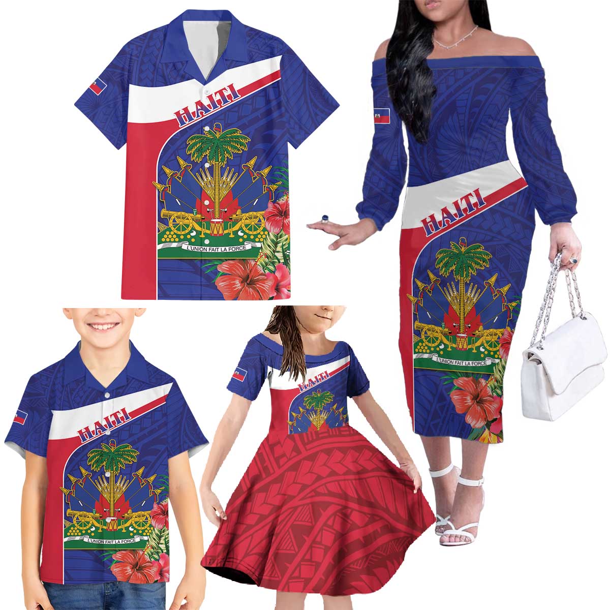Haiti Family Matching Off The Shoulder Long Sleeve Dress and Hawaiian Shirt Neg Marron Ayiti Map - Hibiscus Polynesian - Wonder Print Shop