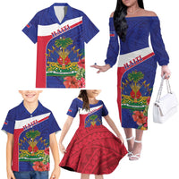 Haiti Family Matching Off The Shoulder Long Sleeve Dress and Hawaiian Shirt Neg Marron Ayiti Map - Hibiscus Polynesian - Wonder Print Shop