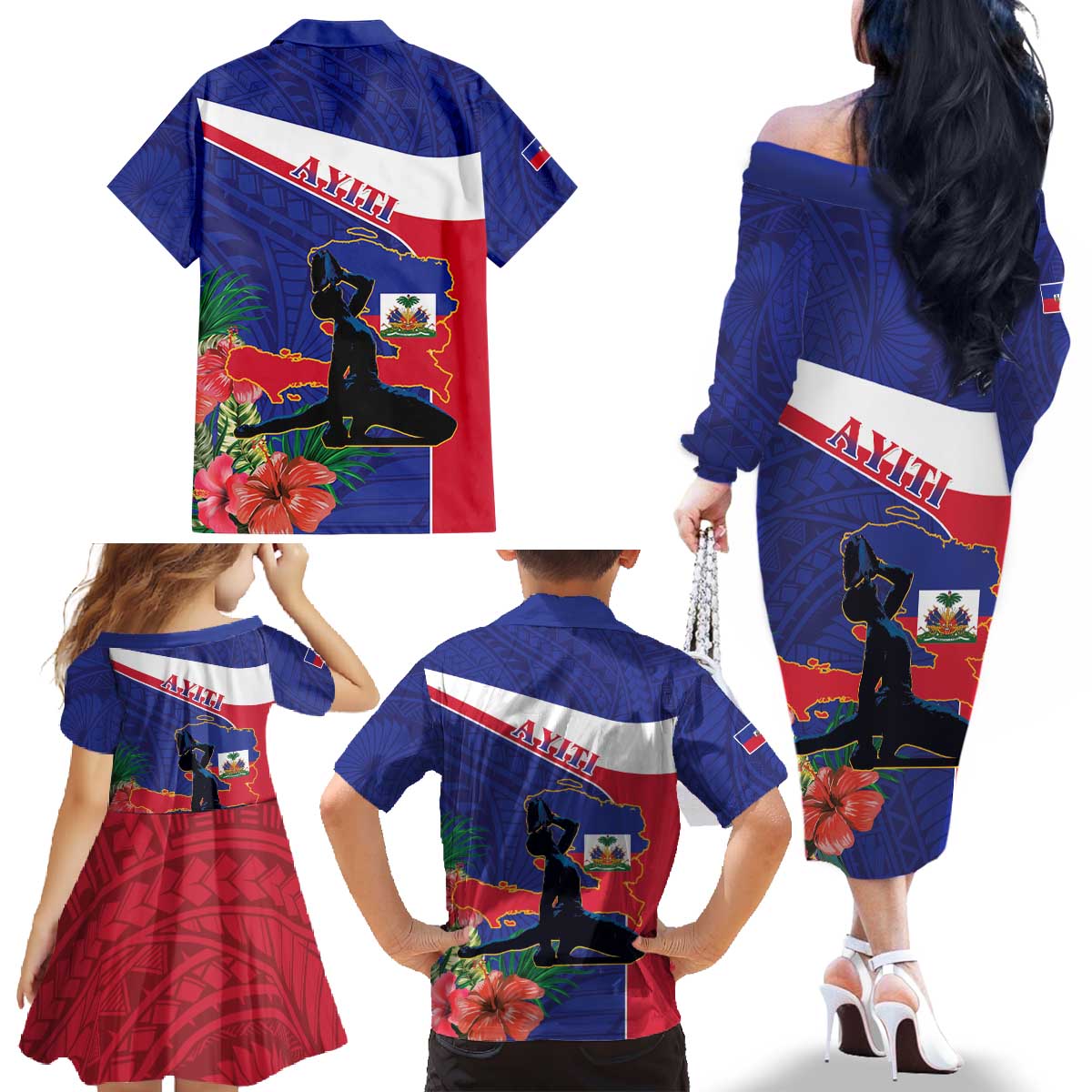 Haiti Family Matching Off The Shoulder Long Sleeve Dress and Hawaiian Shirt Neg Marron Ayiti Map - Hibiscus Polynesian - Wonder Print Shop