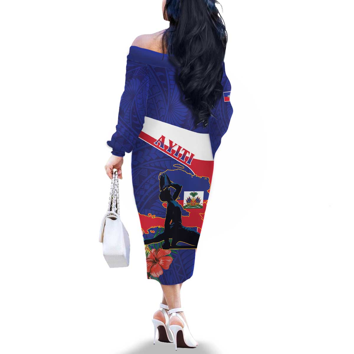 Haiti Family Matching Off The Shoulder Long Sleeve Dress and Hawaiian Shirt Neg Marron Ayiti Map - Hibiscus Polynesian - Wonder Print Shop