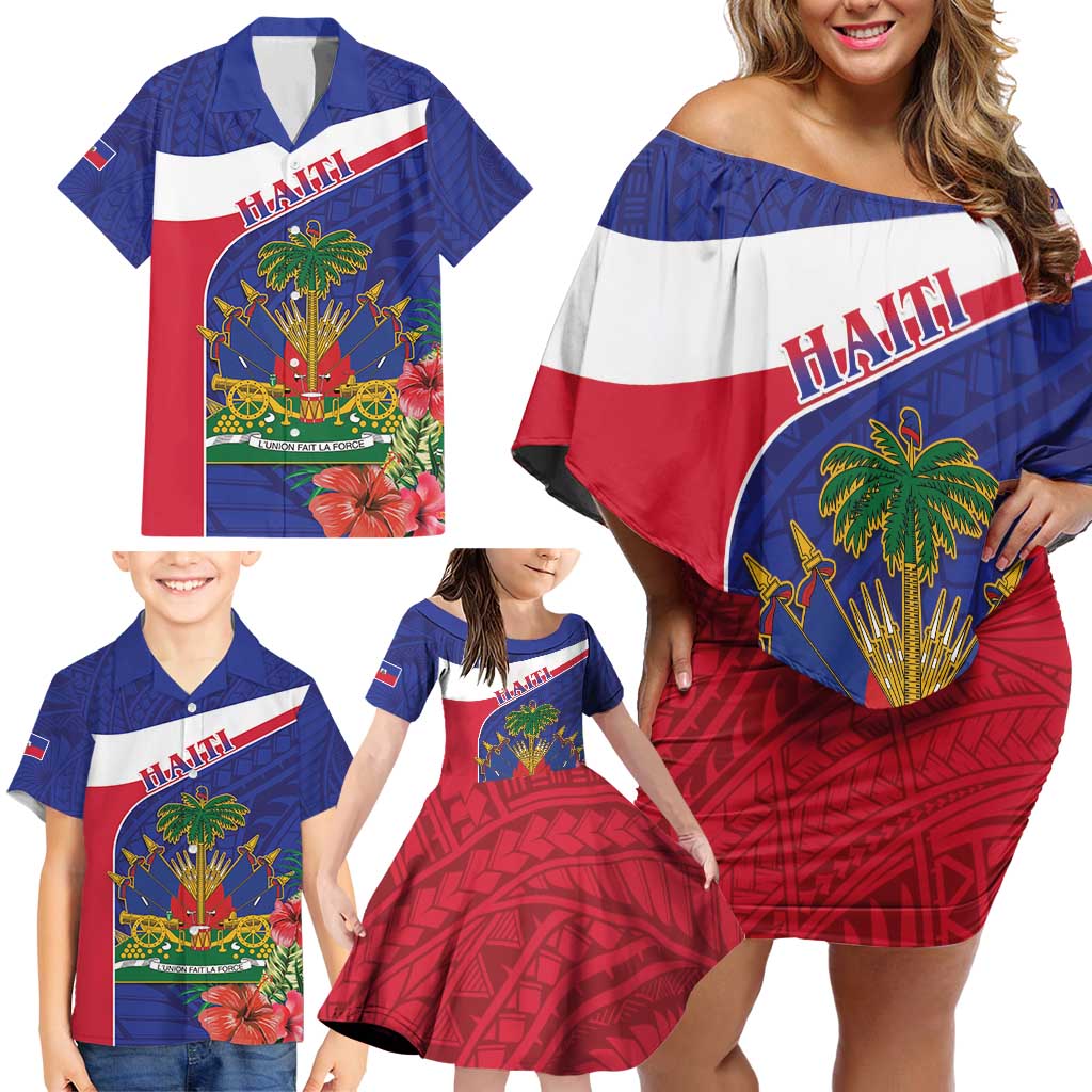 Haiti Family Matching Off Shoulder Short Dress and Hawaiian Shirt Neg Marron Ayiti Map - Hibiscus Polynesian - Wonder Print Shop