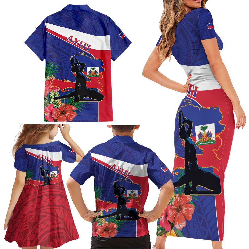 Haiti Family Matching Short Sleeve Bodycon Dress and Hawaiian Shirt Neg Marron Ayiti Map - Hibiscus Polynesian - Wonder Print Shop
