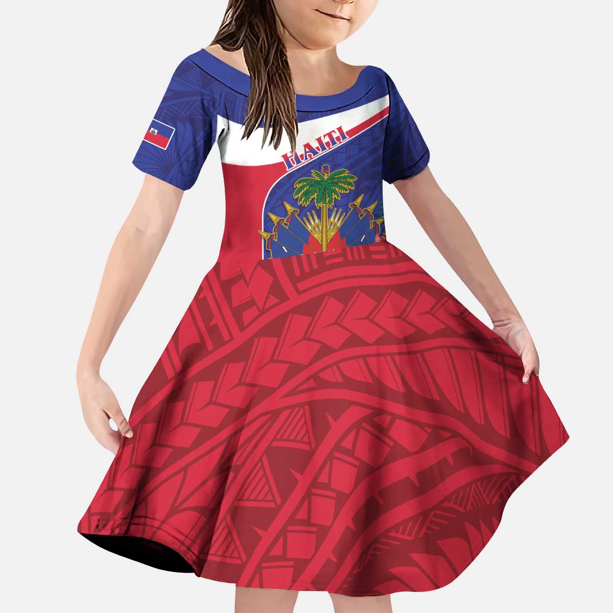 Haiti Kid Short Sleeve Dress Neg Marron Ayiti Map - Hibiscus Polynesian - Wonder Print Shop