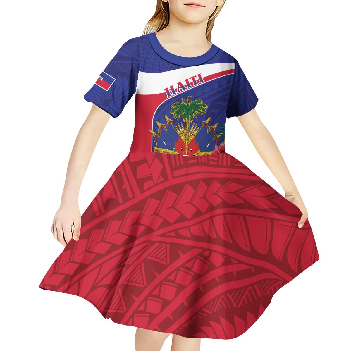 Haiti Kid Short Sleeve Dress Neg Marron Ayiti Map - Hibiscus Polynesian - Wonder Print Shop