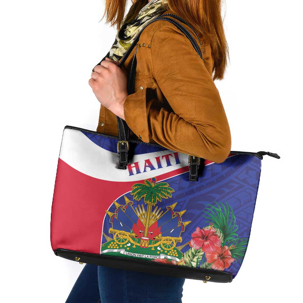 Haiti Leather Tote Bag Neg Marron Ayiti Map - Hibiscus Polynesian - Wonder Print Shop