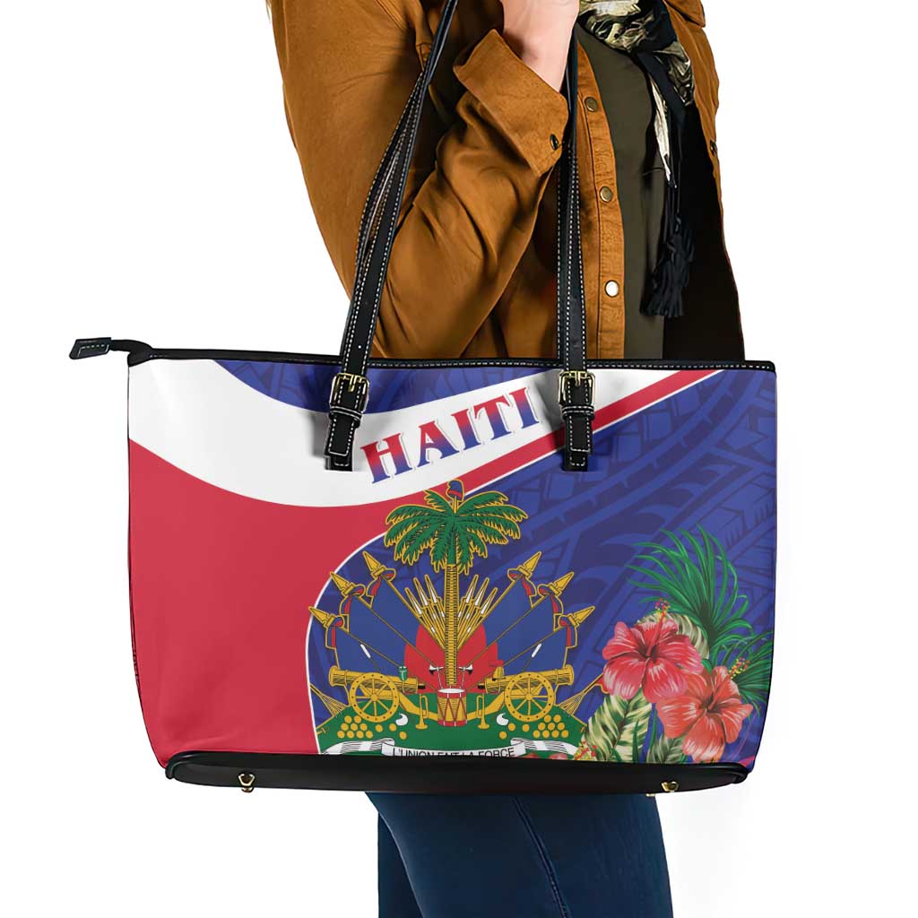 Haiti Leather Tote Bag Neg Marron Ayiti Map - Hibiscus Polynesian - Wonder Print Shop