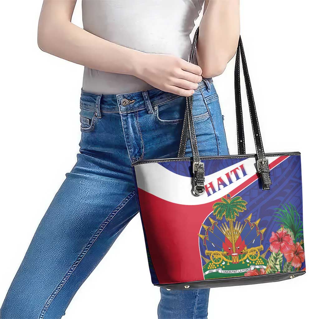 Haiti Leather Tote Bag Neg Marron Ayiti Map - Hibiscus Polynesian - Wonder Print Shop