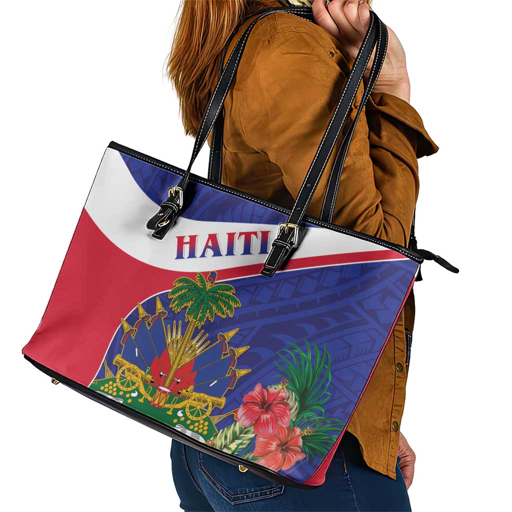 Haiti Leather Tote Bag Neg Marron Ayiti Map - Hibiscus Polynesian - Wonder Print Shop