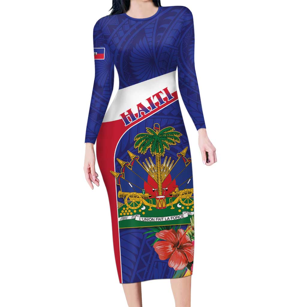 Haiti Long Sleeve Bodycon Dress Neg Marron Ayiti Map - Hibiscus Polynesian - Wonder Print Shop