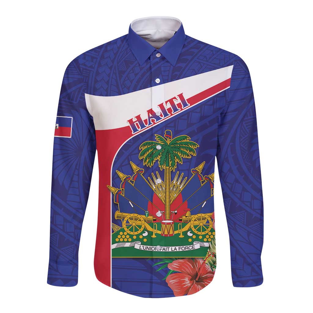 Haiti Long Sleeve Button Shirt Neg Marron Ayiti Map - Hibiscus Polynesian - Wonder Print Shop