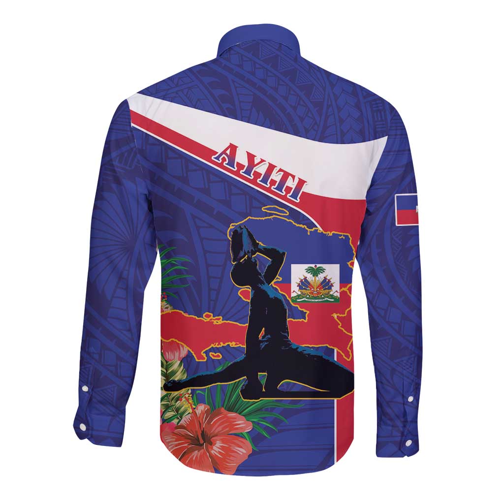 Haiti Long Sleeve Button Shirt Neg Marron Ayiti Map - Hibiscus Polynesian - Wonder Print Shop