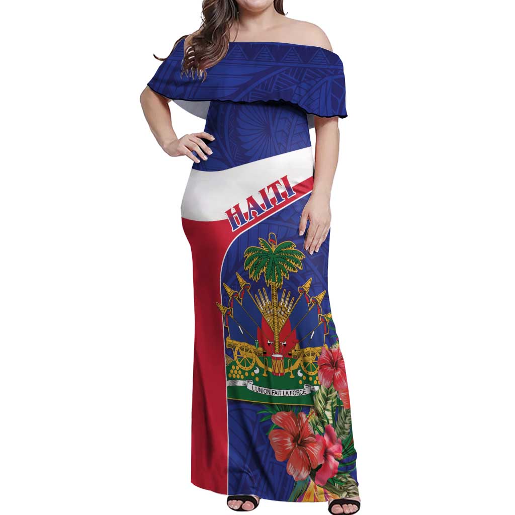 Haiti Off Shoulder Maxi Dress Neg Marron Ayiti Map - Hibiscus Polynesian - Wonder Print Shop