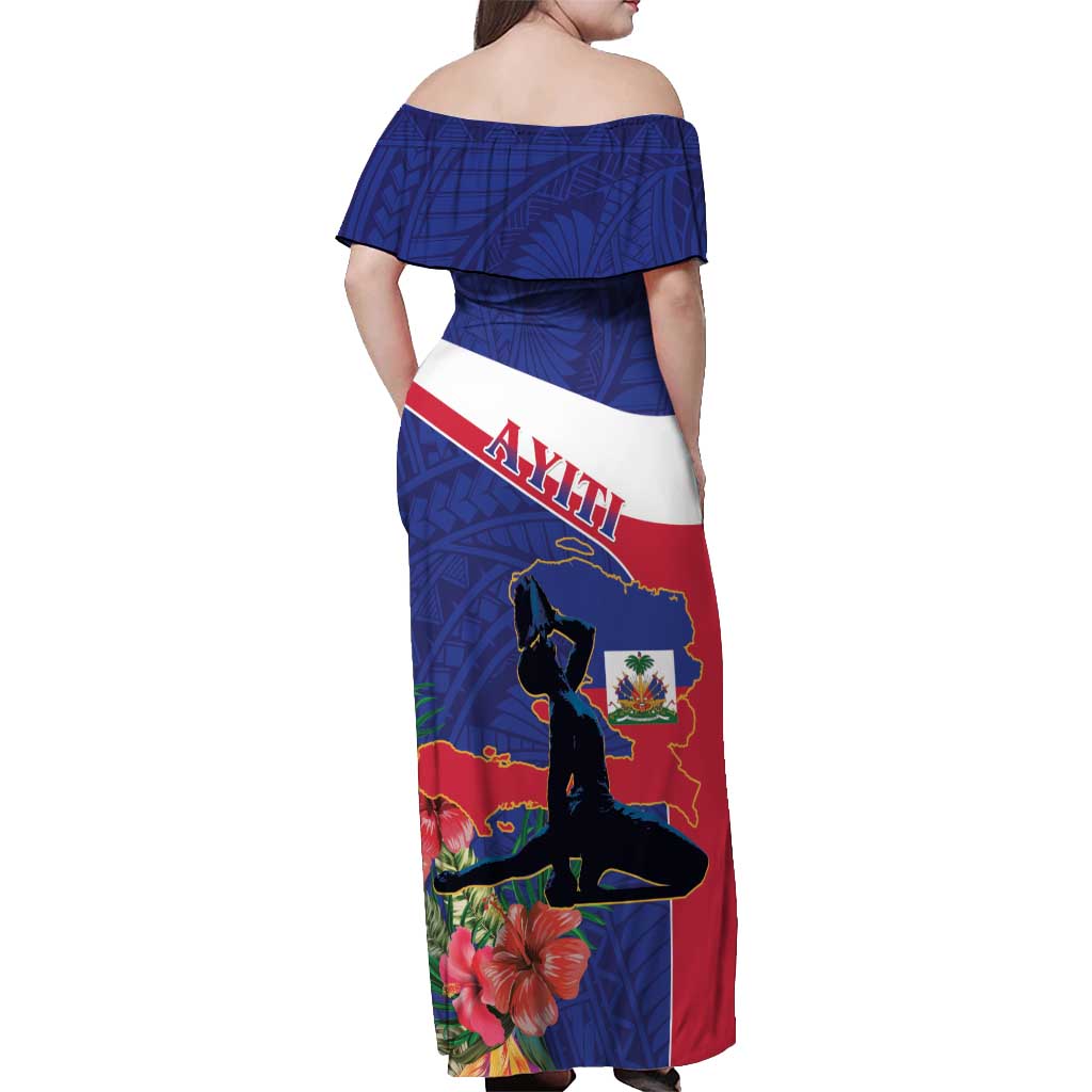 Haiti Off Shoulder Maxi Dress Neg Marron Ayiti Map - Hibiscus Polynesian - Wonder Print Shop