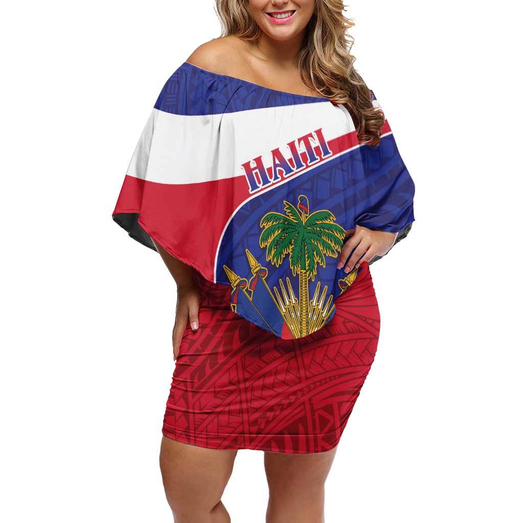 Haiti Off Shoulder Short Dress Neg Marron Ayiti Map - Hibiscus Polynesian - Wonder Print Shop