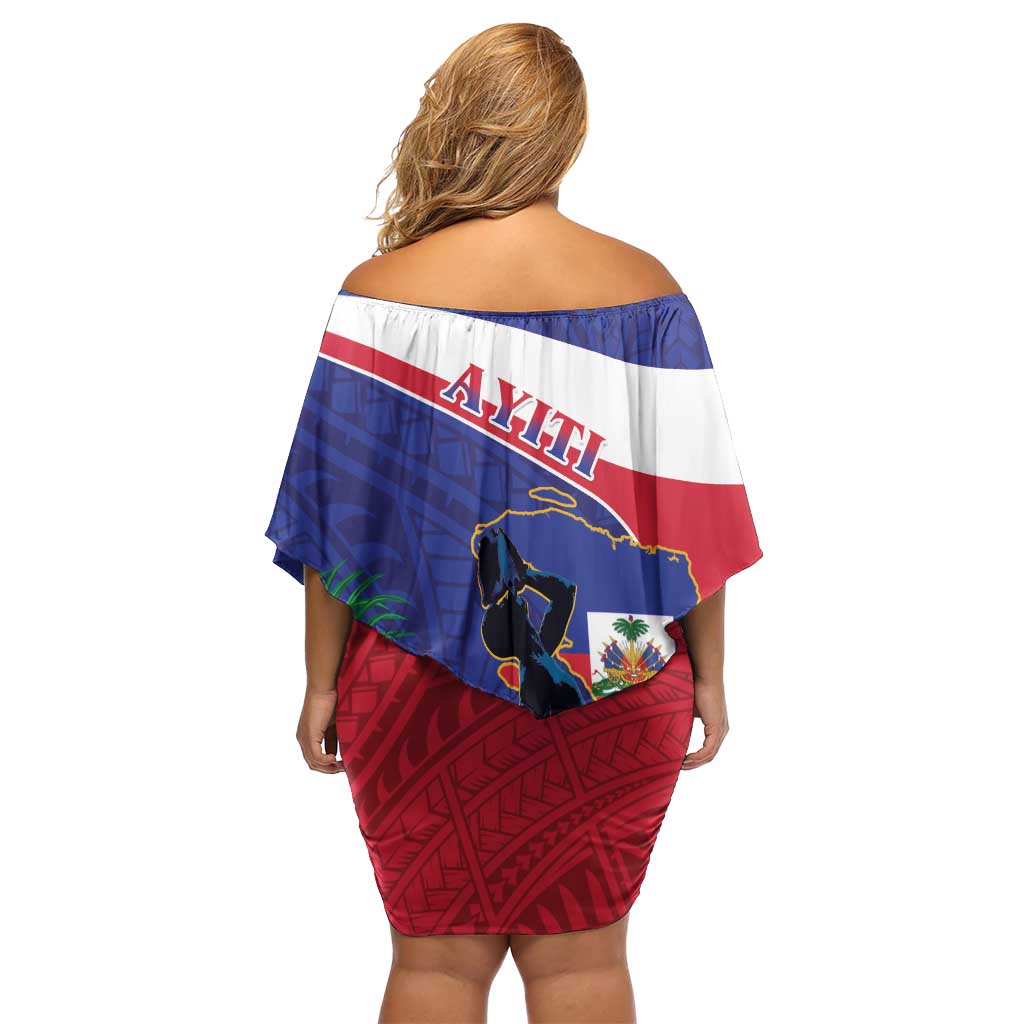 Haiti Off Shoulder Short Dress Neg Marron Ayiti Map - Hibiscus Polynesian - Wonder Print Shop