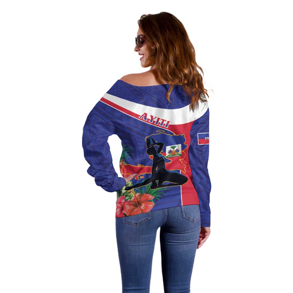 Haiti Off Shoulder Sweater Neg Marron Ayiti Map - Hibiscus Polynesian - Wonder Print Shop