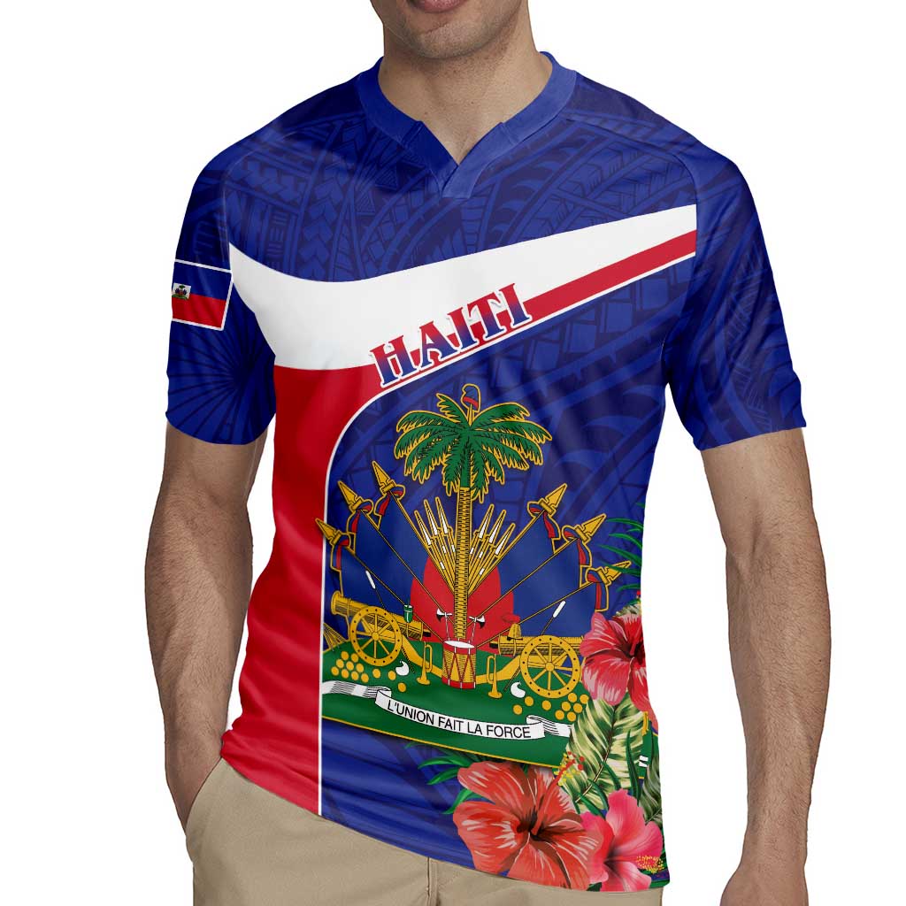 Haiti Rugby Jersey Neg Marron Ayiti Map - Hibiscus Polynesian - Wonder Print Shop