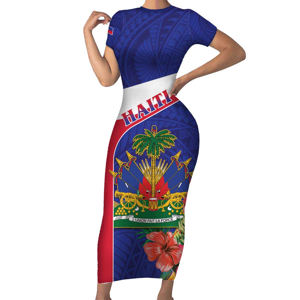 Haiti Short Sleeve Bodycon Dress Neg Marron Ayiti Map - Hibiscus Polynesian - Wonder Print Shop