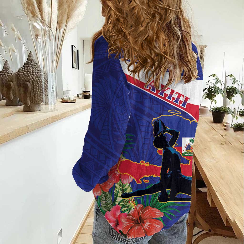 Haiti Women Casual Shirt Neg Marron Ayiti Map - Hibiscus Polynesian - Wonder Print Shop