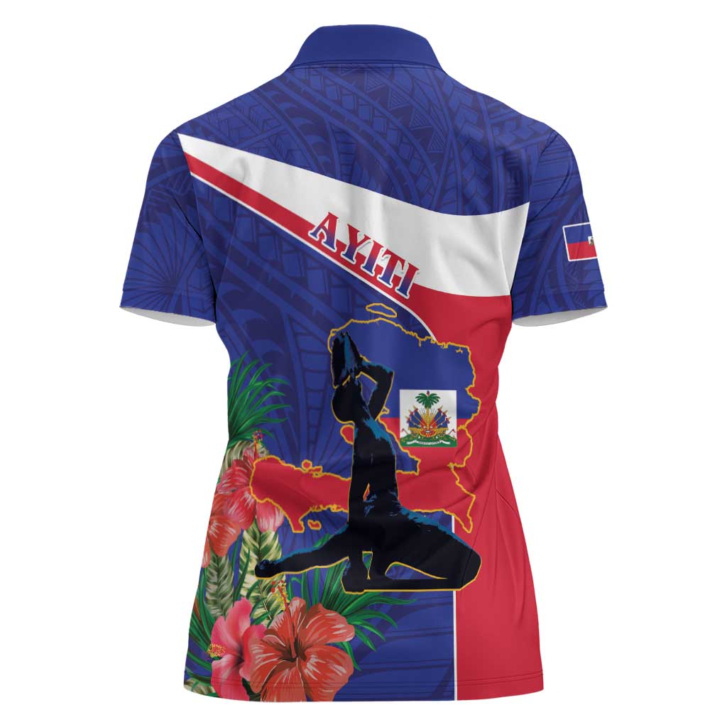 Haiti Women Polo Shirt Neg Marron Ayiti Map - Hibiscus Polynesian - Wonder Print Shop