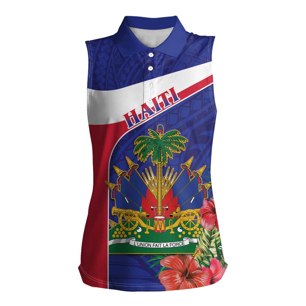 Haiti Women Sleeveless Polo Shirt Neg Marron Ayiti Map - Hibiscus Polynesian - Wonder Print Shop