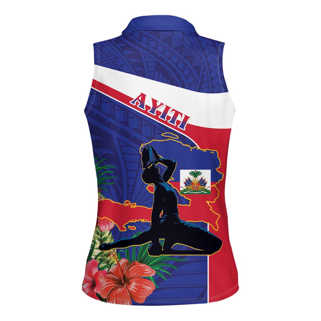 Haiti Women Sleeveless Polo Shirt Neg Marron Ayiti Map - Hibiscus Polynesian - Wonder Print Shop