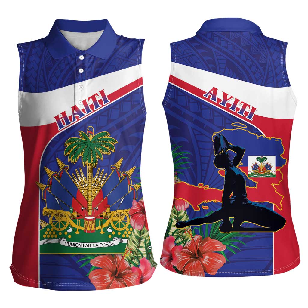 Haiti Women Sleeveless Polo Shirt Neg Marron Ayiti Map - Hibiscus Polynesian - Wonder Print Shop