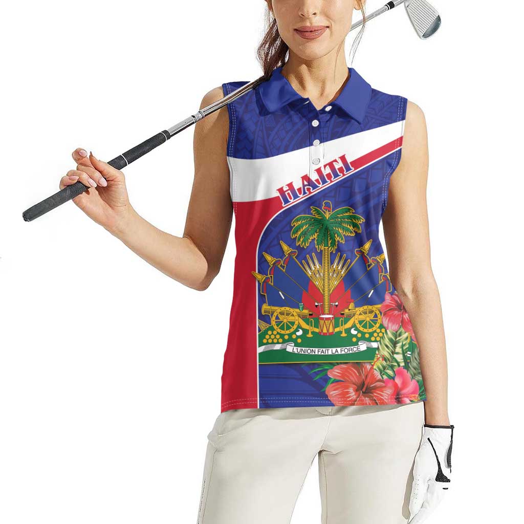 Haiti Women Sleeveless Polo Shirt Neg Marron Ayiti Map - Hibiscus Polynesian - Wonder Print Shop