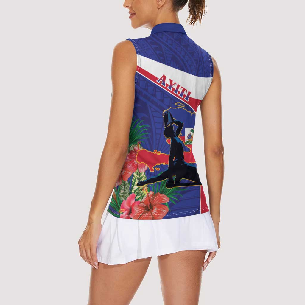 Haiti Women Sleeveless Polo Shirt Neg Marron Ayiti Map - Hibiscus Polynesian - Wonder Print Shop