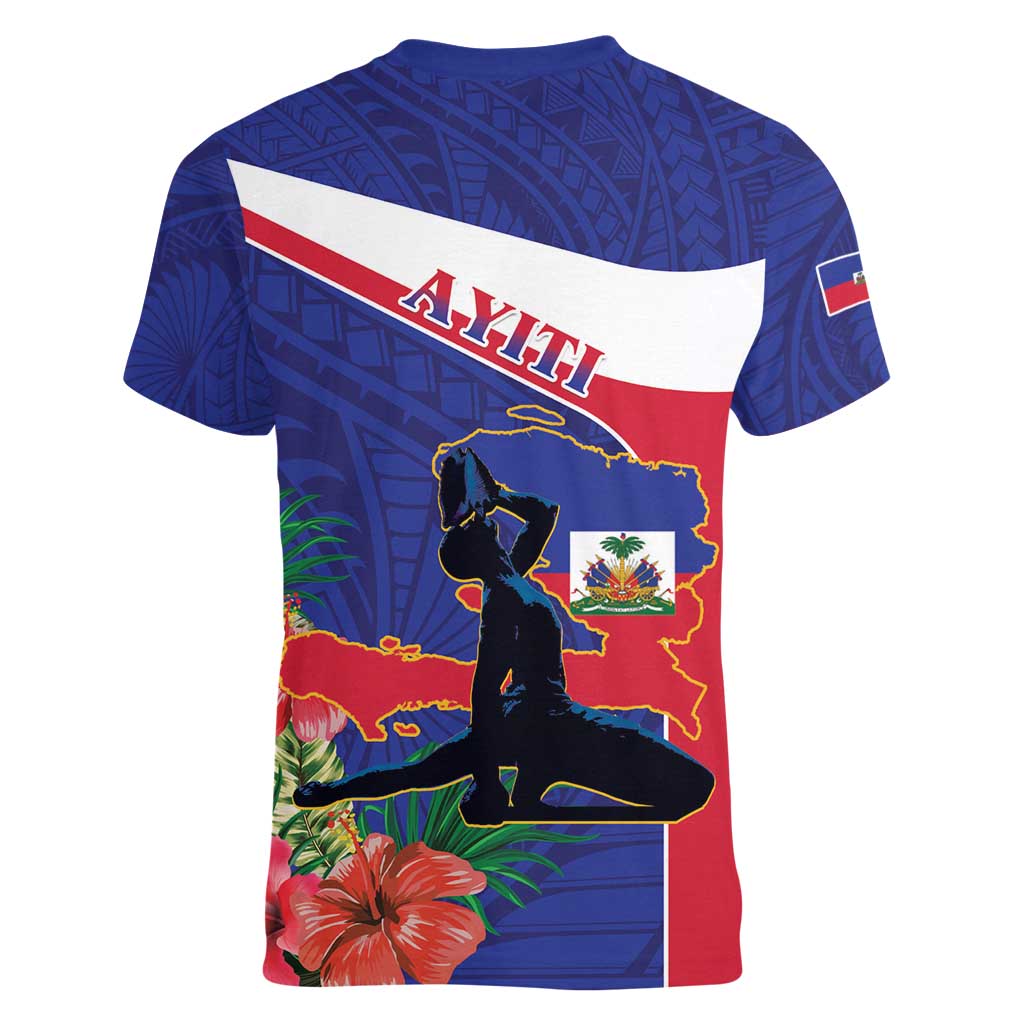 Haiti Women V-Neck T-Shirt Neg Marron Ayiti Map - Hibiscus Polynesian - Wonder Print Shop