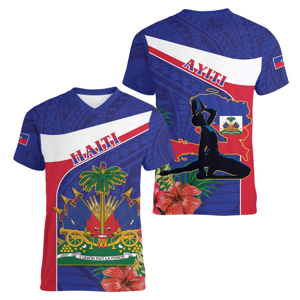 Haiti Women V-Neck T-Shirt Neg Marron Ayiti Map - Hibiscus Polynesian - Wonder Print Shop