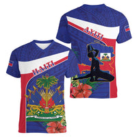 Haiti Women V-Neck T-Shirt Neg Marron Ayiti Map - Hibiscus Polynesian - Wonder Print Shop