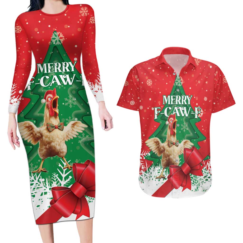 Funny Christmas Chicken Couples Matching Long Sleeve Bodycon Dress and Hawaiian Shirt Merry F Caw F - Wonder Print Shop