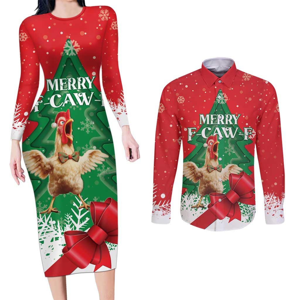 Funny Christmas Chicken Couples Matching Long Sleeve Bodycon Dress and Long Sleeve Button Shirt Merry F Caw F - Wonder Print Shop