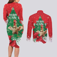 Funny Christmas Chicken Couples Matching Long Sleeve Bodycon Dress and Long Sleeve Button Shirt Merry F Caw F - Wonder Print Shop
